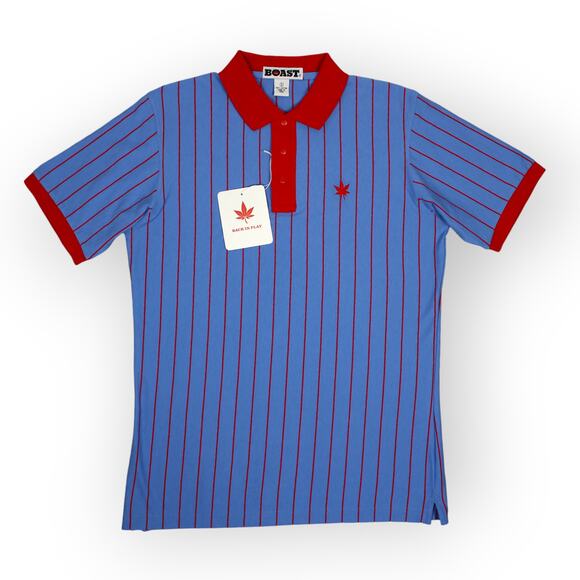 BOAST USA Men Small Vertical Stripe Polo Carolina Blue Red Leaf Logo NWT $95 - Picture 8 of 10